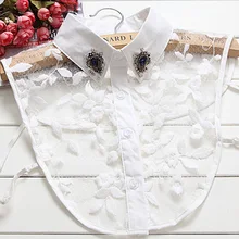 Branco decoração lady Camisa de Algodão Fino mulheres camisa de colarinho falso acessórios de Strass Branco contas unhas