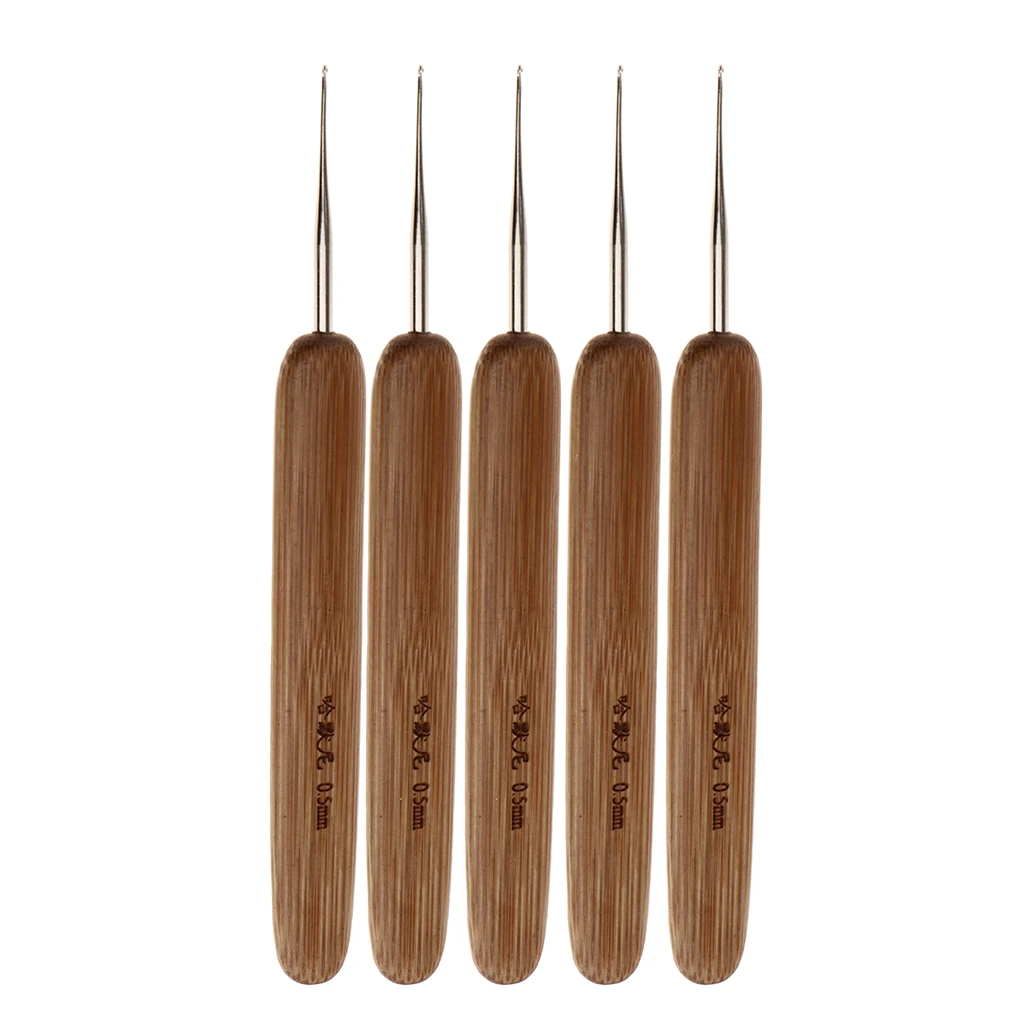 5pcs Natural Wood Handle Hair Weaving Extensions Crochet Needles + 2pcs Double Dreading Hooks Braid Craft Set 0.5mm