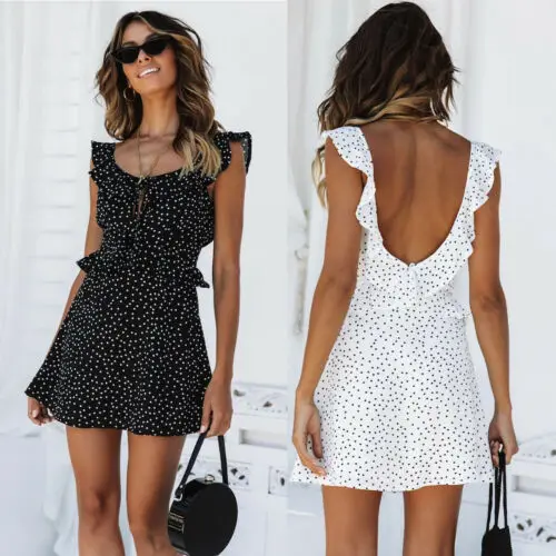 

Women Boho Dot Chiffon Summer Party Club Evening Beach Short Mini Dress Sundress