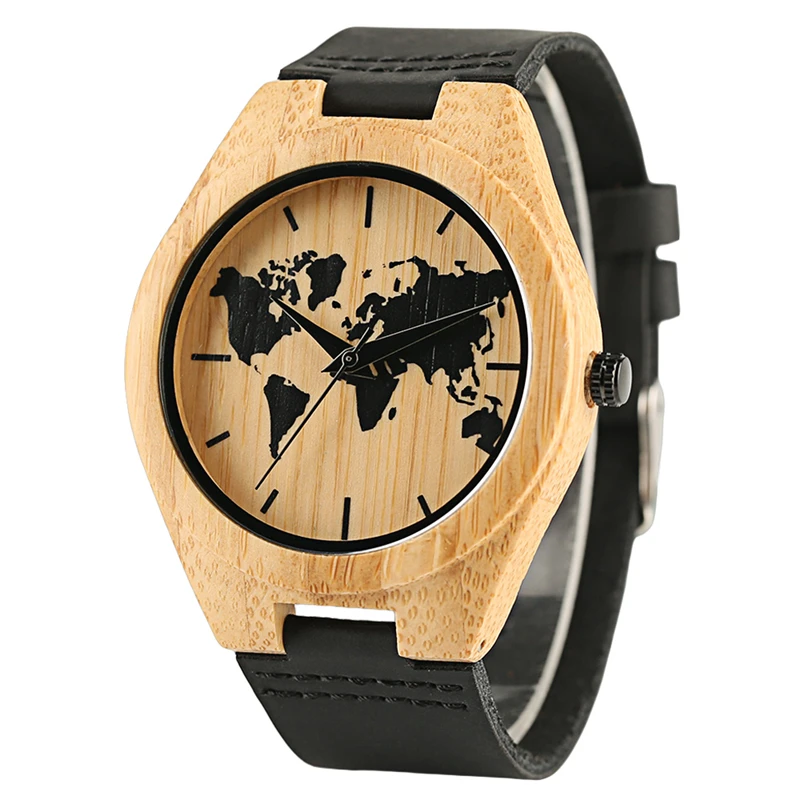 Black Ink World Map Dial Watch Natural Bamboo Wood Watch Fashion Casual Leather Men Quartz Analog 2