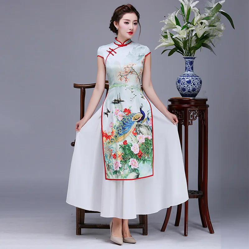 Summer Blue Chinese Women Simple Dress Novelty Lady Sexy Print Flower Quality Cheongsam Vintage