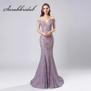 

Lace Long Evening Dresses 2020 New Arrival Sexy Mermaid Off Shoulder Backless In Stock Sweep Train Prom Party Gowns CC575