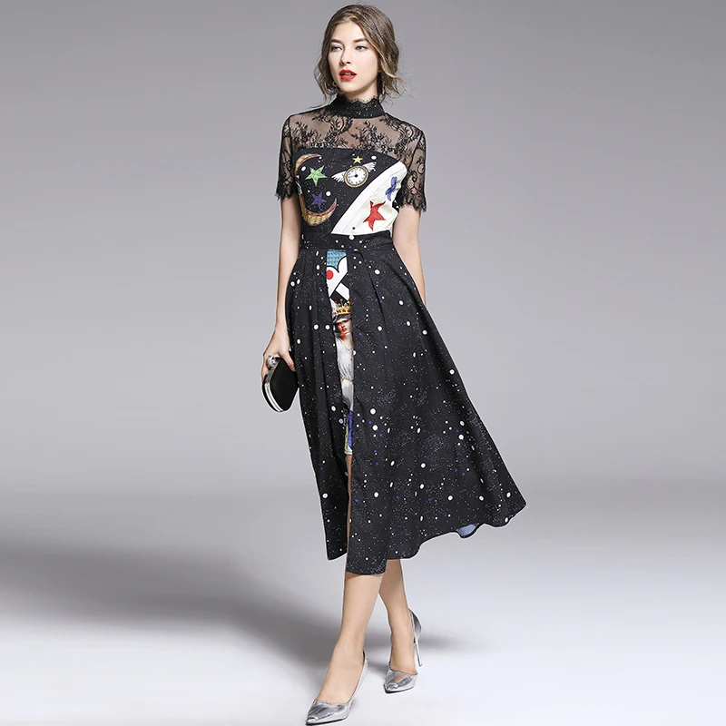 Женское летнее кружевное лоскутное длинное платье с коротким рукавом в стиле ретро Модное Элегантное тонкое цельнокроеное платье с рисунком звезды и Луны