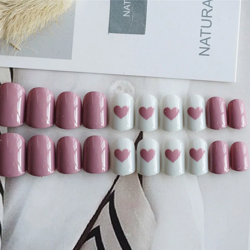 FAKE NAILS 1PCS Bean paste color love shape nail art detachable nails Short fake nails full coverage Japanese style