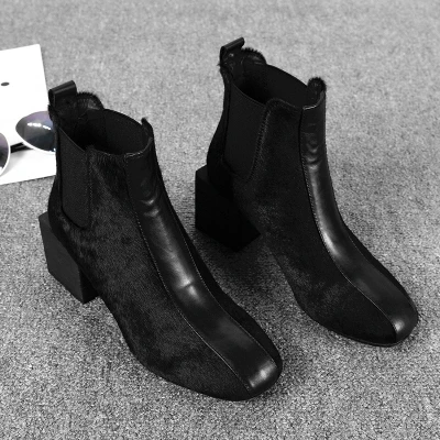 

Shoes woman autumn and winter new luxury horse hair women's boots square with natural leather cowhide Chelsea boots stitching
