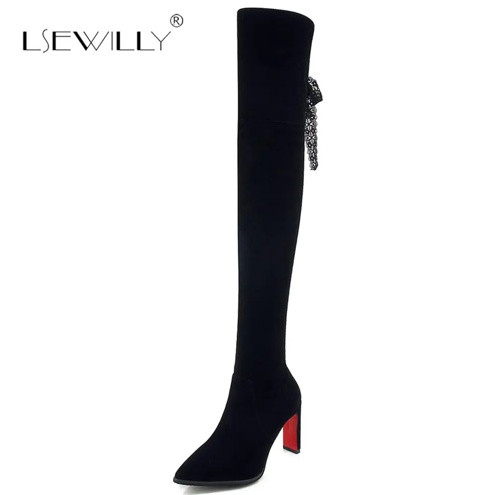 

Lsewilly Spike High Heels Platform Over The Knee Boots Women Lace Up Sim Date Party Thigh High Boots Ladies Shoes Black E10