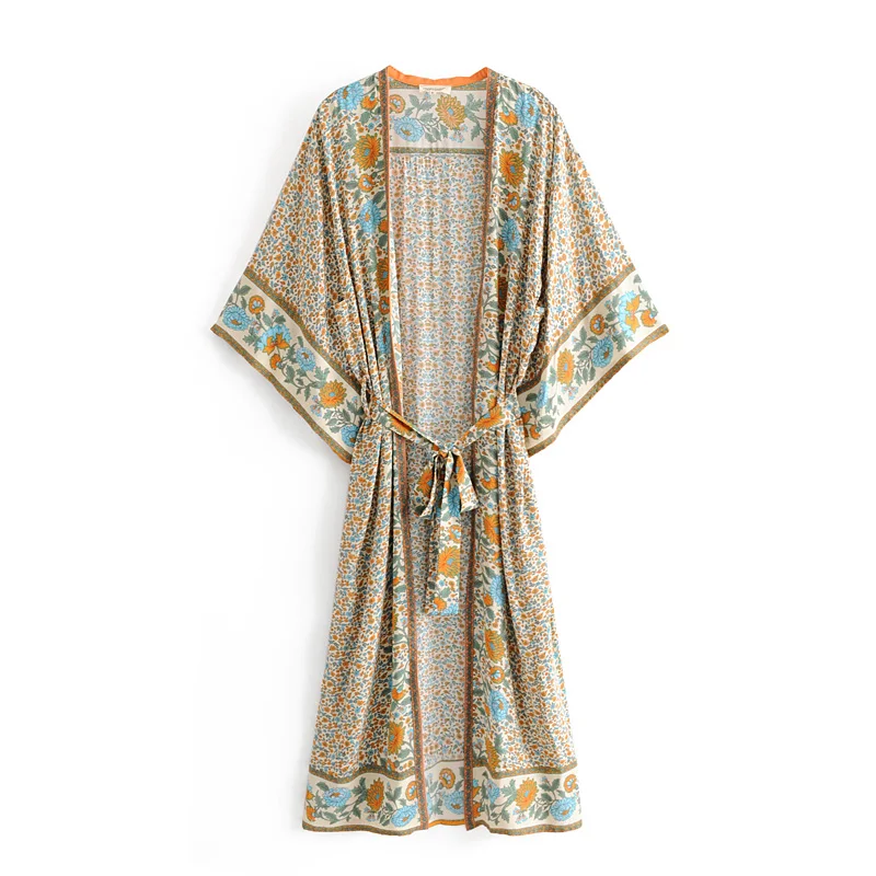 

2019 New Vintage Boho Chic Floral Print Long Kimono Jacket Long Sleeve Cardigan Maxi Shawl Summer Tops Belted Beachwear Vestido