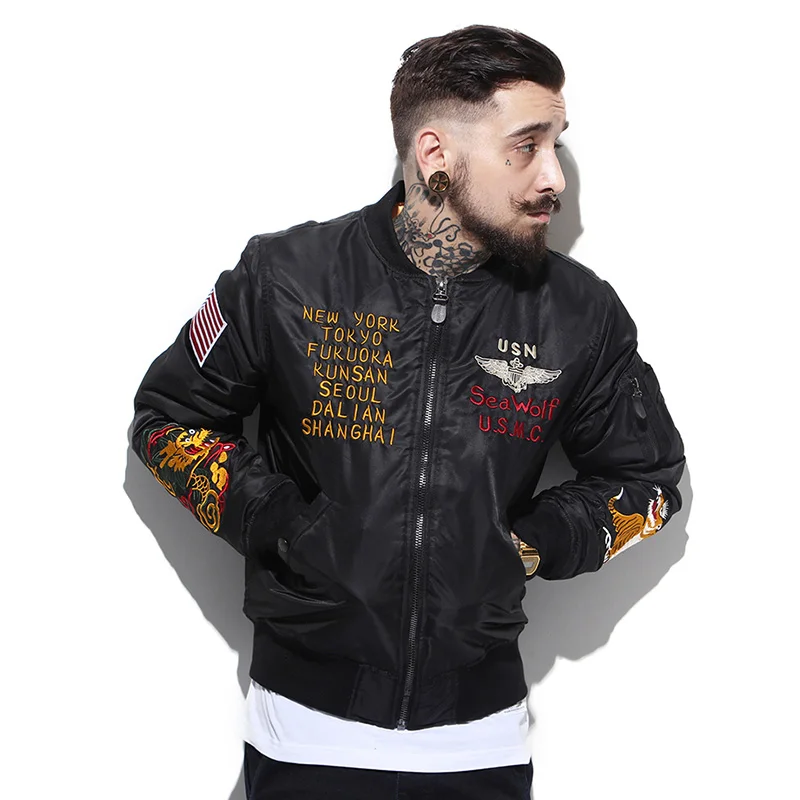 

Special price :High quality! Winter Thick section Men bomber Flying Jacket Dragon Tiger Embroidery Warm Coat Flight Outerwear