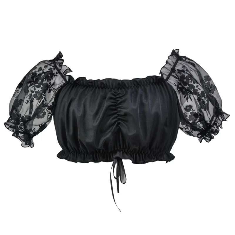 

Corzzet Victorian Black Chiffon & Floral Lace Women Off Shoulder Crop Top Short Sleeves Gothic Bustier Plus Size Women Clothing
