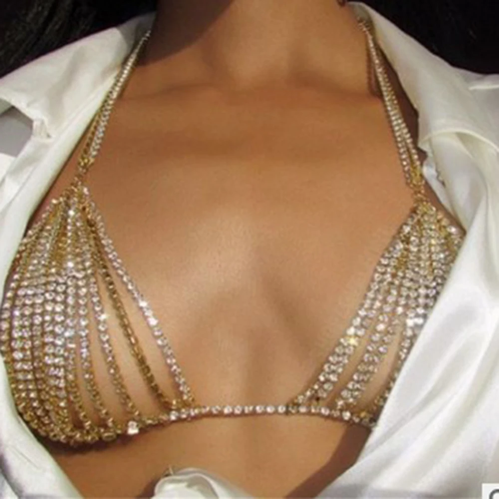 

2 Colors Rhinestone Chain Jewelry Hollow Out StoneFans Bra Necklace New Crystal Gold Chain Necklace Bikini for Valentine Gift