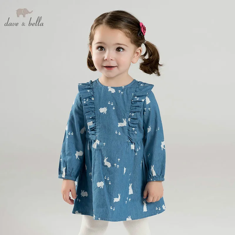 DB10518 dave bella/весенние платья принцессы для малышей, платье лолиты для девочек, детское платье с длинными рукавами высокого качества джинсовое синее платье
