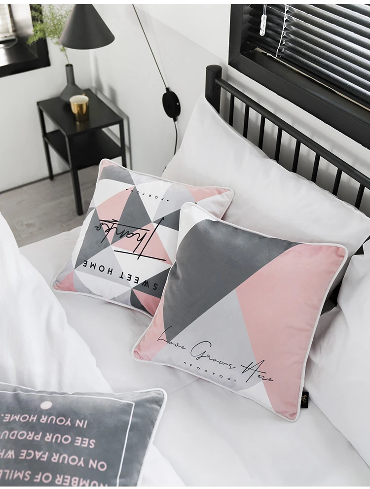 Мягкая бархатная розовая наволочка для подушки в винтажном скандинавском стиле, Геометрическая серая декоративная наволочка для подушки 45x45 см