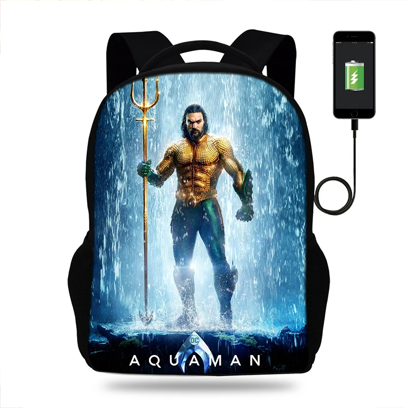 Рюкзак мужской колледж DC Aquaman Movie принт рюкзак usb зарядное устройство школьный для