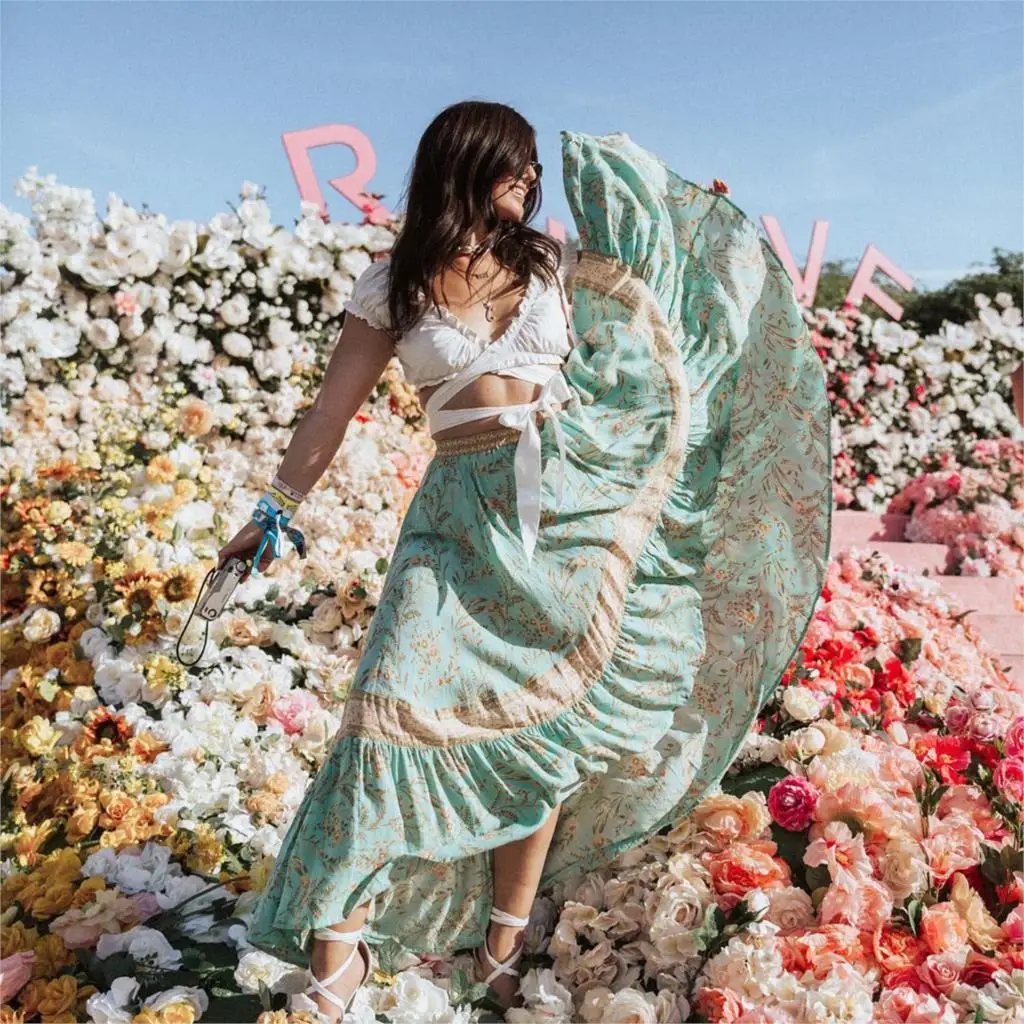 

Floral Chic Maxi Skirt Women 2019 Summer Clothes High Waist Elastic Loose Skirts Ladies Vintage Beach Boho Print Long Skirt