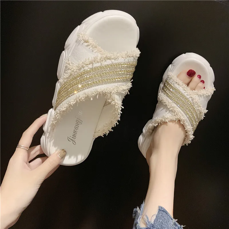 

zapatos mujer 2019 new women slippers open toe dazzing color Rhinestone wedges heels 4cm platform ladies Non Slip Damping shoes