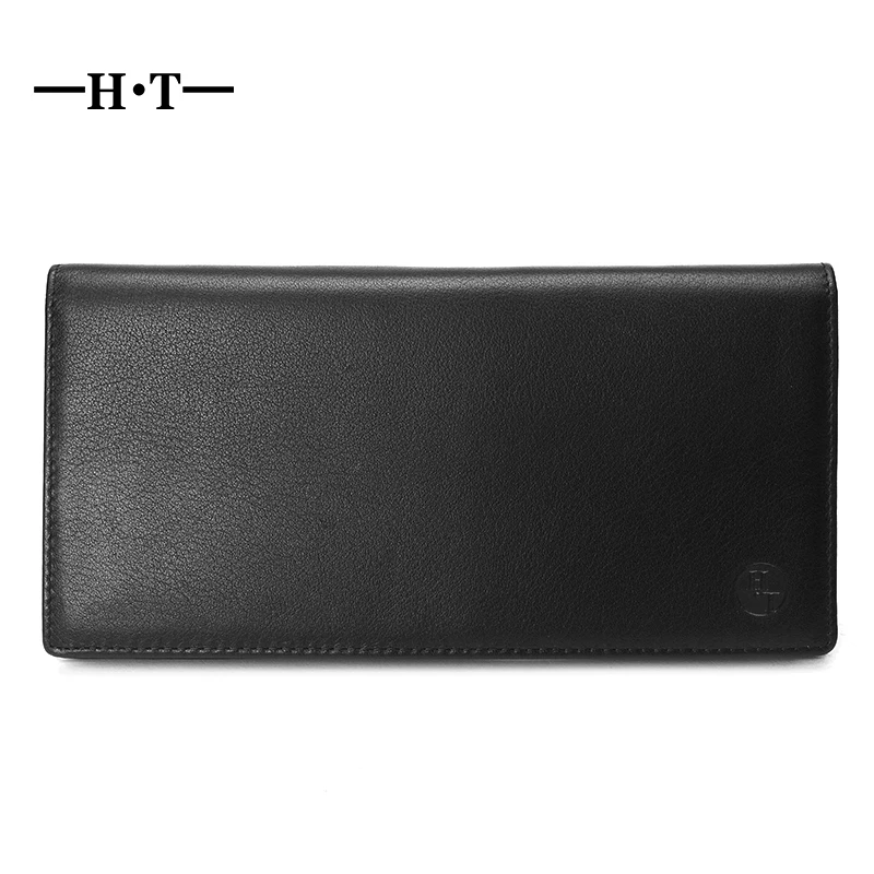 

HT Bifold Wallet Men Purse Long Design Genuine Leather Wallets Brand New Simple Style ID Card Holder Black Coin Purses Male