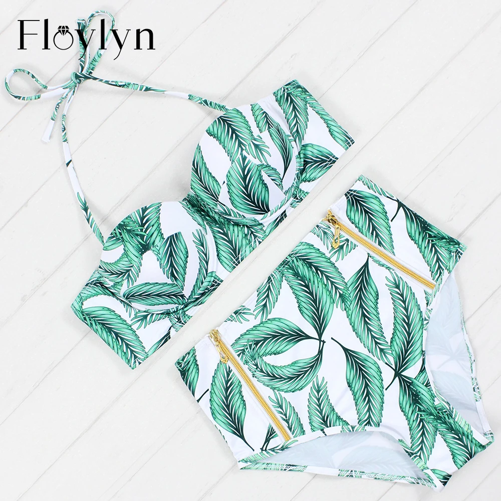 

Floylyn High Waist Swimsuit Green Leafs Print Padded Underwire Push Up Bikini Tops Zippers Bottom Women's Two Piece Bathing Suit