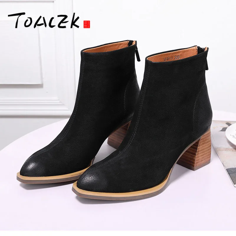 

New autumn winter high heel short boots female style leather retro pointed Martin boot thick heel plus down bare boot