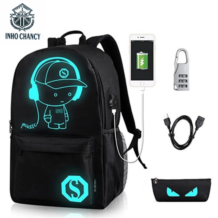 

INHO CHANCY Student School Backpack Anime Luminous USB Charge Laptop Computer Backpack For Teenager Anti-theft Boys School Bag