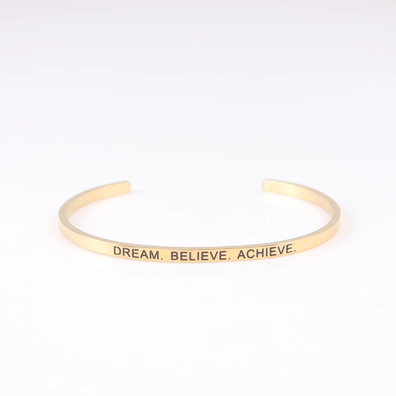 

Dream,Believe,Achieve Gold Color 316L Stainless Steel Bangle Positive Inspirational Quote Open Cuff Mantra Bracelets For Women