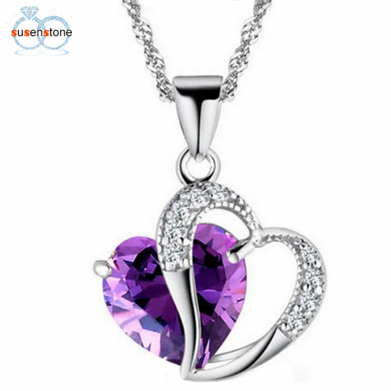 

SUSENSTONE 2017 Fashion Women Heart Crystal Rhinestone Silver Chain Pendant Necklace Jewelry