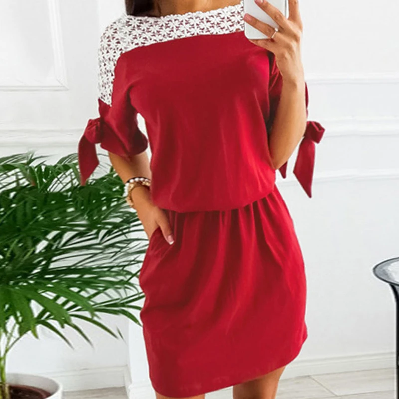 Женское однотонное платье новое модное Повседневное четырех цветов с кружевной