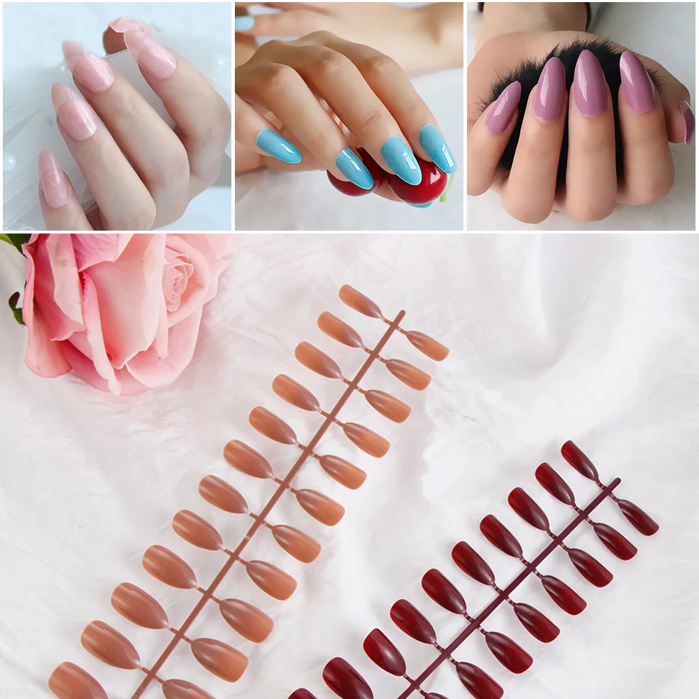 24 PCS Stiletto Fake Nails 28 Styles Long Size Pointed Solid Color DIY Nail Art Press On Nails Tips Accessory Full False Nails