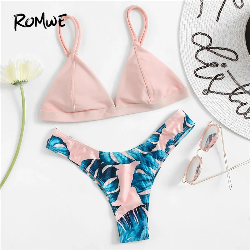 

Romwe Sport Triangle Top With Tropical Print Bikini Set Women Summer Spaghetti Strap Plunge Neck Sexy Low Rise Beachwear