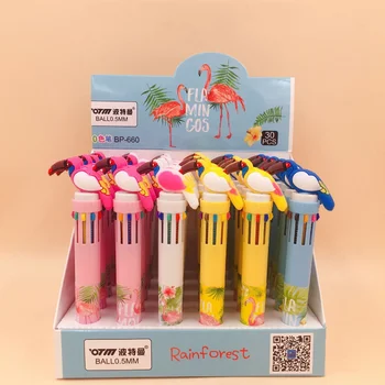 

3 Pcs/set Cartoon Animal Long Mouth Bird Flamingo 10 Colors Press Ballpoint Pens Multi Color Ball Pens Student Stationery Gifts
