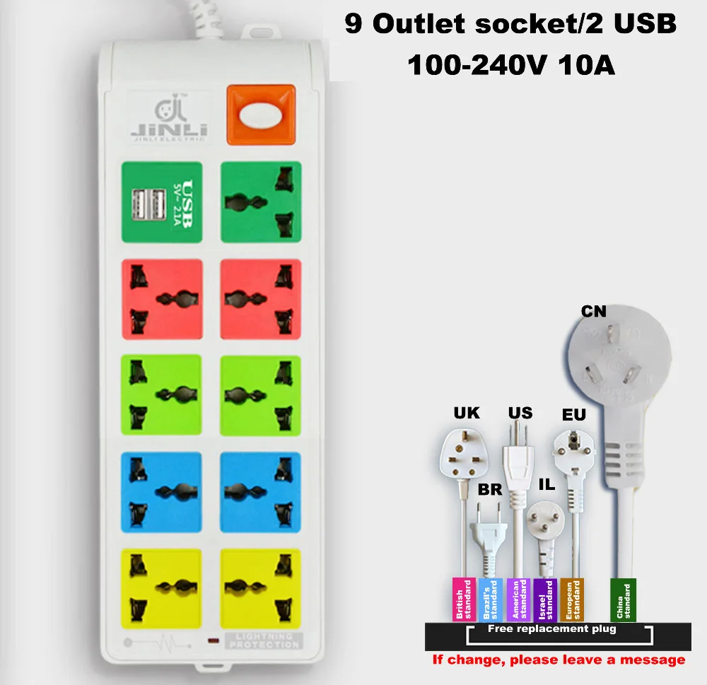 AU EU US 100~ 240 v 10A Защита от перенапряжения 9 выходов и 2 USB Электрический переключатель и розетка