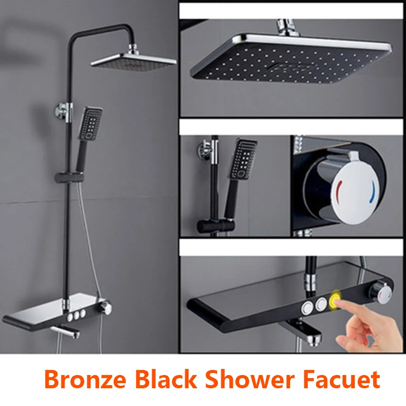 Black Brass Shower Set With Bidet Press Button Control Smart Shower Faucet