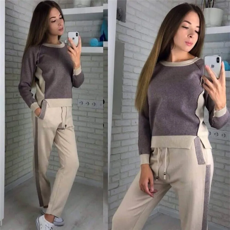 

Women Sweater Suits and Set Casual Knitted Sweaters Pants 2 Piece Set Knit Sportswear Women Trousers+Jumpers Top Splice Clothing