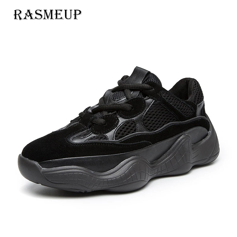 

RASMEUP Genuine Suede Leather Mesh Women's Thick Soled Sneakers 2018 Fashion Women Platform Dad Shoes Breathable Woman Footwear