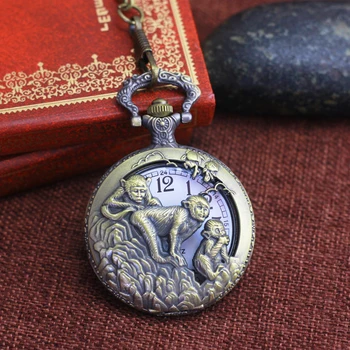 

chaoyada women men large digital hollow 12 zodiac monkey animals quartz pocket watches unisex antique flip hanging chain clock