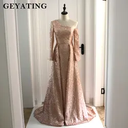 Арабский одежда с длинным рукавом вечернее Вечерние платья со съемной юбкой на одно плечо Bling розовое золото/шампанское блесток платье для