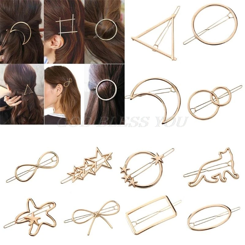 13 Styles Women Metal Alloy Minimalist Hair Clip Hollow Geometric Triangle Bowknot Lips Shape Hairpins Ponytail Holder Clamp