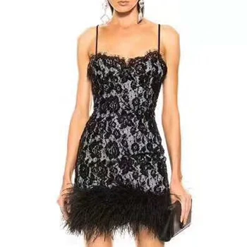 

Seamyla 2020 Bandage Dress Women Spaghetti Strap New Black Lace Summer Sexy Feather Mini Night Club Celebrity Party Dresses