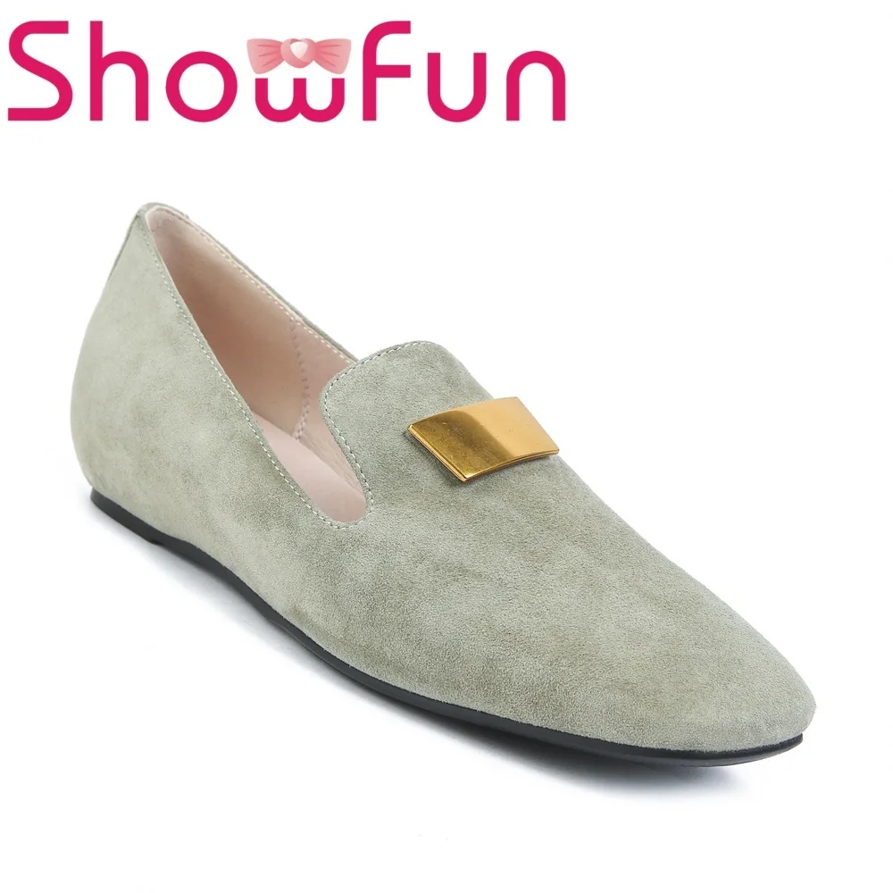 

Showfun genuine leather shoes woman dress square toe geometric slip-on metal decoration flats