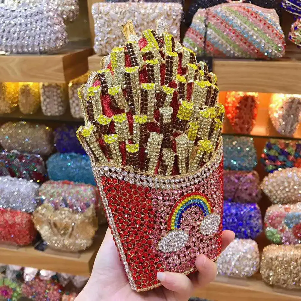 

XIYUAN French fries shape Crystal diamond clutch small purse for wedding/party/cocktail evening bag Bridal gift handbag wallet