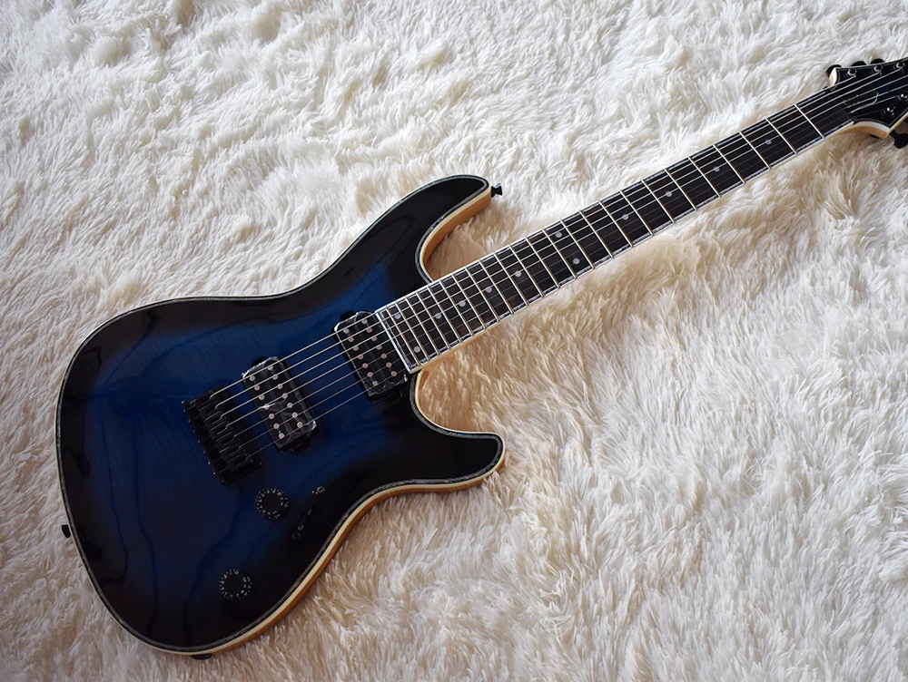 

Factory Custom Blue 7 Strings Electric Guitar with Flame Maple Veneer,Neck-Thru Body,Black Hardware,Can be Customized