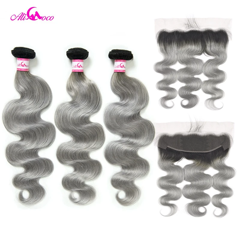 Ali Coco Body Wave человеческие волосы 2/3 Связки с 13*4 Кружева Фронтальная застежка 1B/серый цвет 10-30 дюймов пучки волос Remy с фронтальным