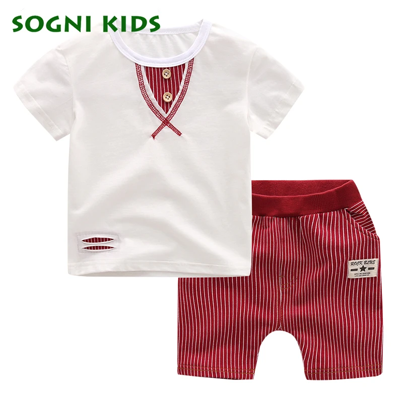 SOGNI KIDS clothes set boys summer casual Simple Striped boys clothing sets fish short sleeves T