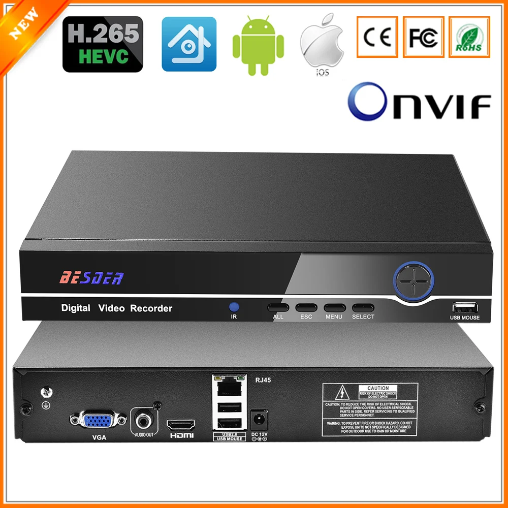 

BESDER HI3536C H.265 8CH 4K / 25CH 5MP CCTV NVR Max 4K Output ONVIF Security Video Recorder H.265 1CH Audio I/O 1*SATA Port