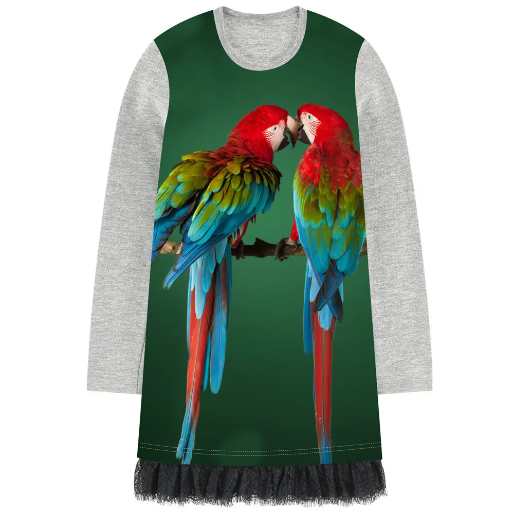 

Christmas Girls Dress 2018 Girl New red green Fashion Lace Long Sleeve Dresses Girls clothes Beautiful parrots print Dress
