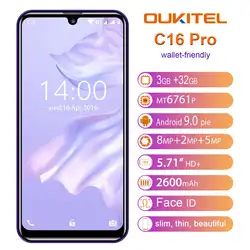Смартфон OUKITEL C16 Pro, 3 ГБ, 32 ГБ, четырехъядерный процессор MTK6761P, 5,71 дюйма, экран капли воды, 19:9, сканер отпечатков пальцев, LTE, 2600 мАч