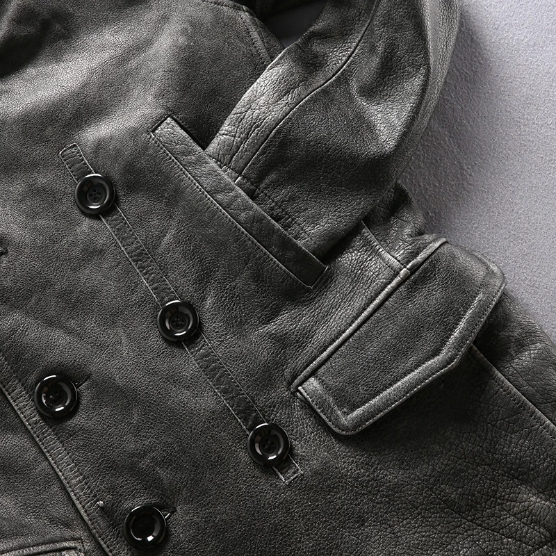 Great Value Read Description! Asian size mans winter genuine cow leather jacket men's classic gray cowhide leather pea coat