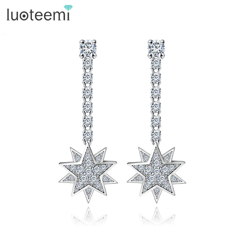 

LUOTEEMI Brand Summer Style New Luxury CZ Crystal Bridal Drop Earrings with Star Pendant For Women White Gold-Color Jewelry Gift