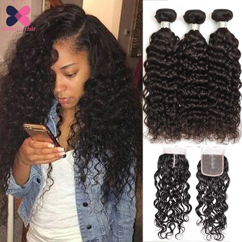 8a Peruvian Water Wave Virgin Hair Bundles With Lace Closures Ali