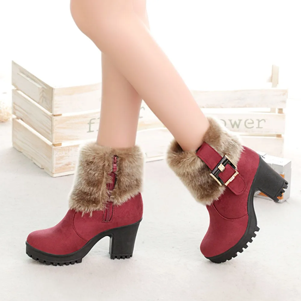 

Women Boots 2019 High Heel Boots Plush Boots Winter Female Shoes Buckle Botines Mujer Ladies Shoes