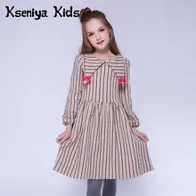 Kseniya/Детское платье для девочек зимние хлопковые плотные праздничные платья с бантом для девочек в полоску с длинными рукавами, 6, 8, 10 лет
